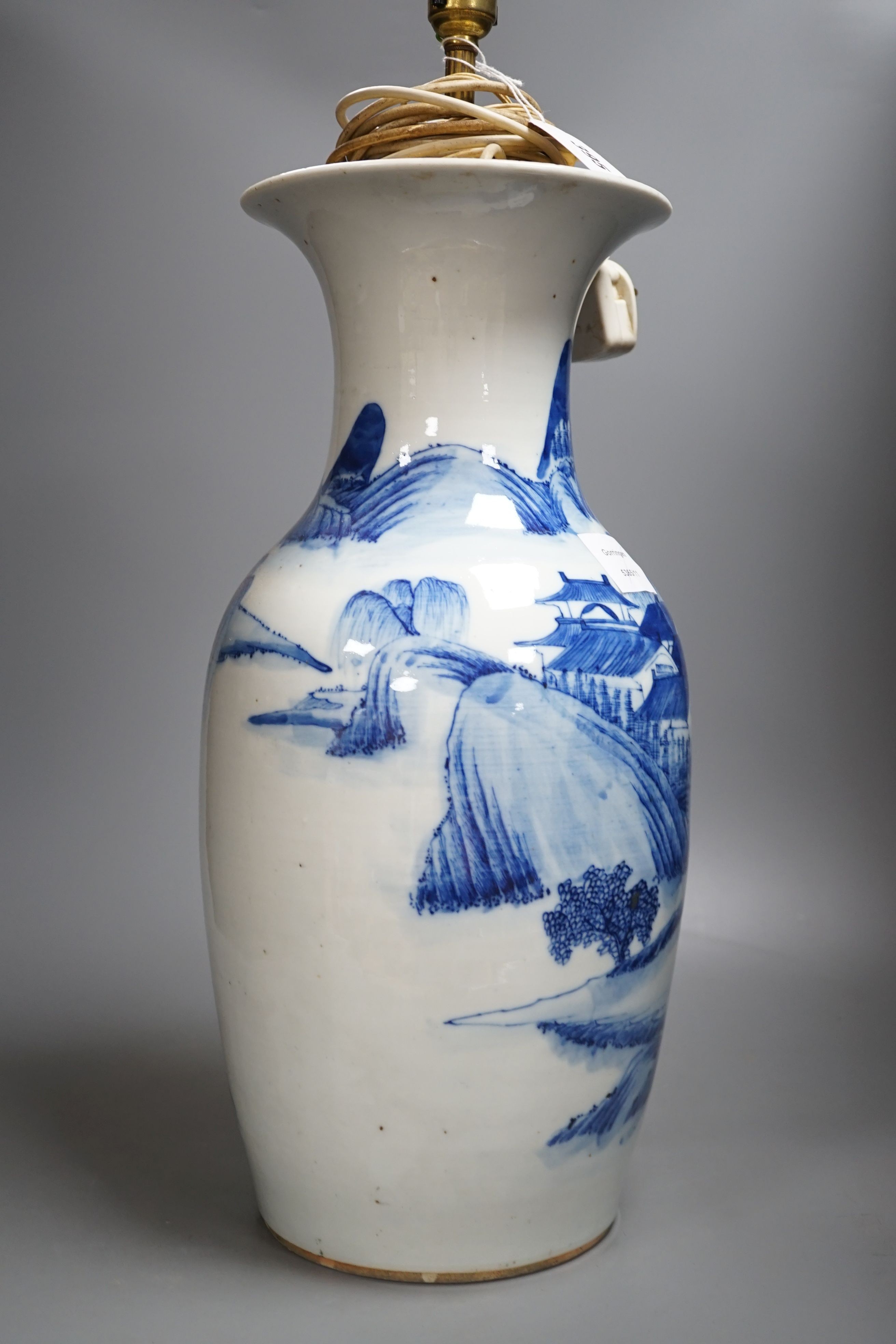 An early 20th century Chinese blue and white landscape vase converted to a lamp, total height 58cm